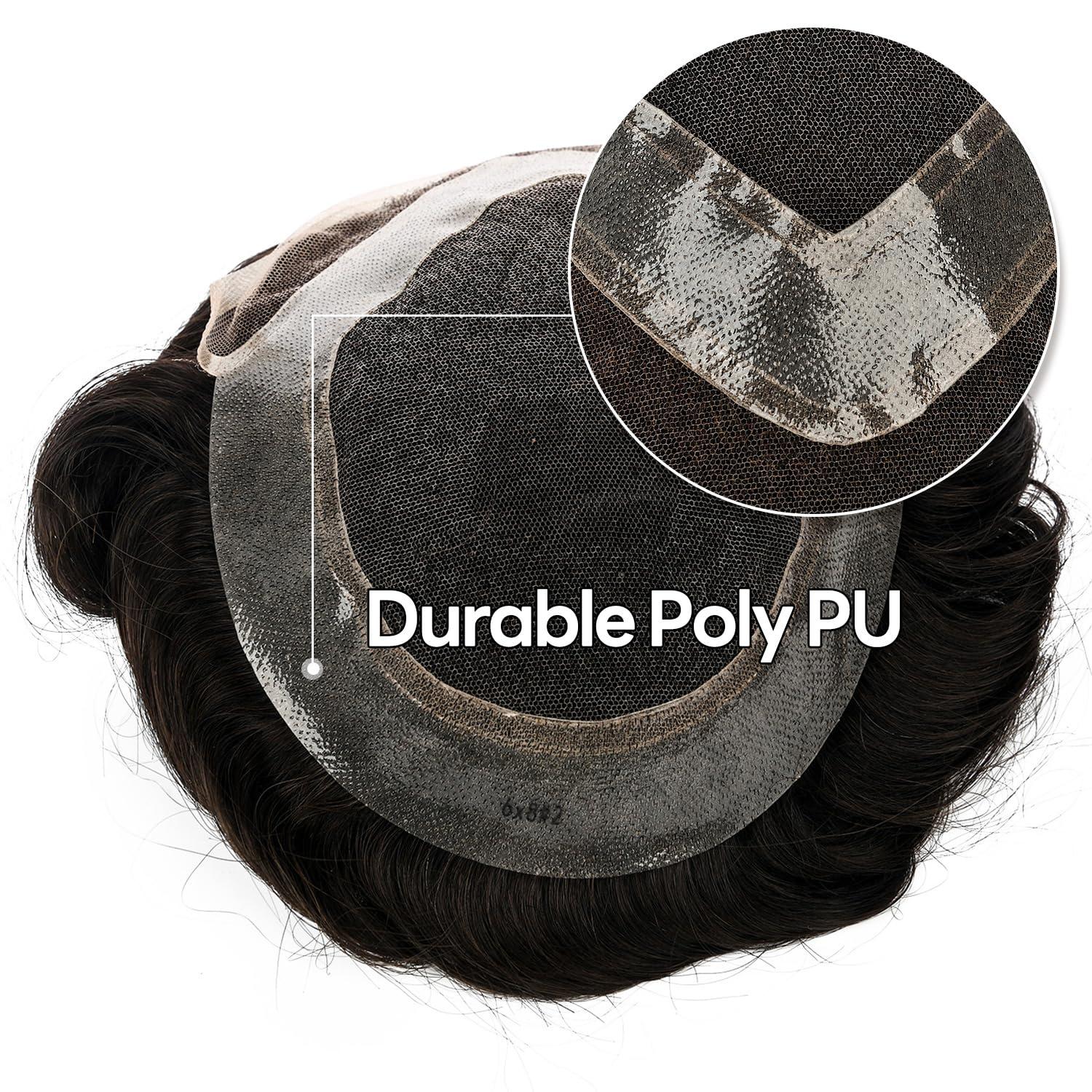 Blayzehair Toupee For Men Hair Replacement System Swiss lace Men Toupee European Human Hair HD Lace Hair System Poly Skin PU Around Men Hair Piece. (2# Darkest Brown, 6x8\"-100% Light Med-Light Density)