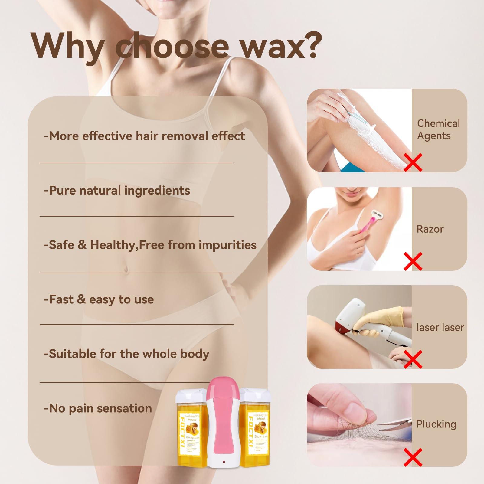 FOCTXI FOCTXI Roll On Waxing Kit for Sensitive Skin - Hair Removal with 2 Honey Soft Wax Cartridges and 100 Non-Woven Wax Strips, 10 Wipes