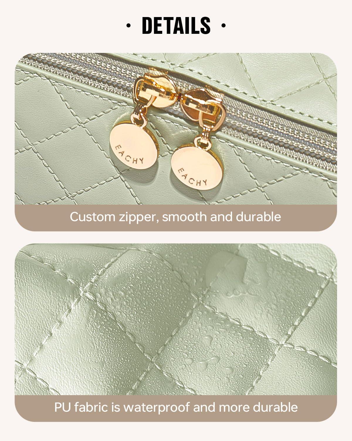 EACHY EACHY Travel Makeup Bag, Large Capacity Cosmetic Bags for Women, Waterproof Portable Open Flat Toiletry Bag Make up Bag with Divider and Handle, Gifts for Women (F-Green, Medium)