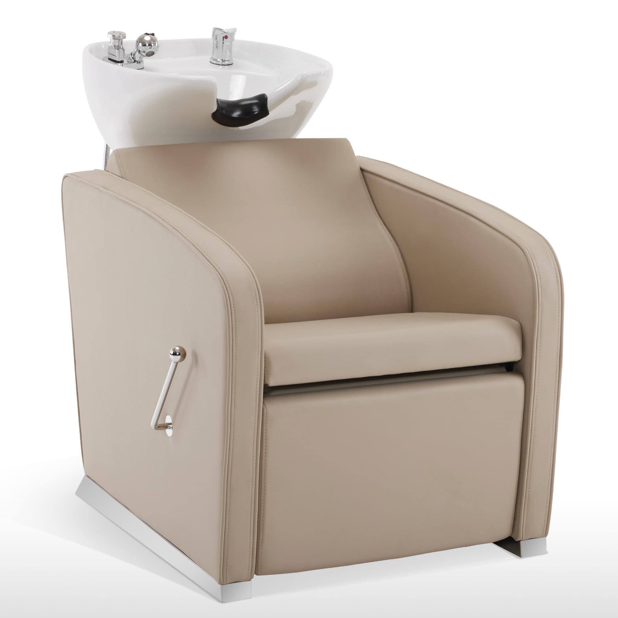 BarberPub BarberPub Backwash Shampoo Station Chair, Adjustable Porcelain Ceramic Hair Wash Bowl Sink Unit Station, Reclining Shampoo Station Chair for Spa Beauty Salon Hair Salon Equipment 9303 (Beige)