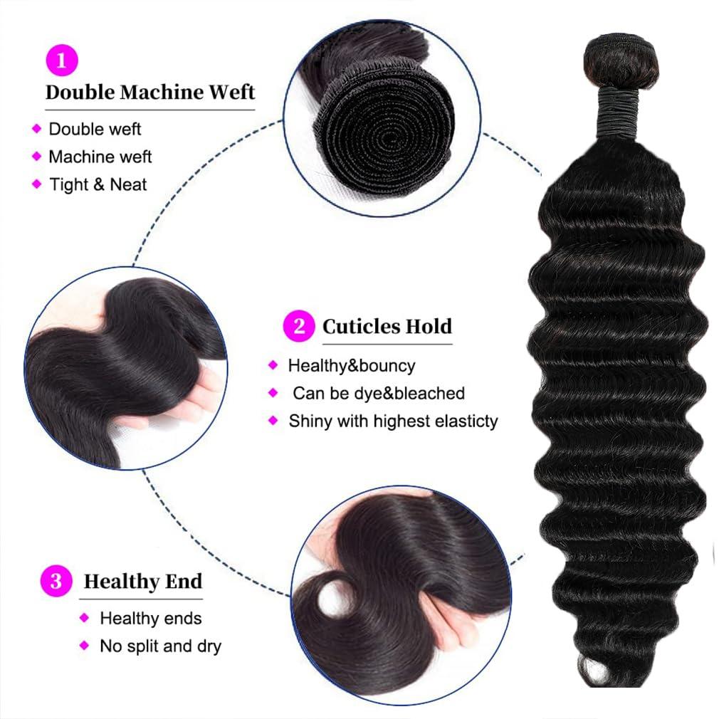 Uesoels 22 Inch Hair Bundles Loose Deep Wave Bundles 12A Raw Human Hair Bundles 100% Unprocessed Virgin Human Hair Single Bundles Natura Black Color Hair Extensions