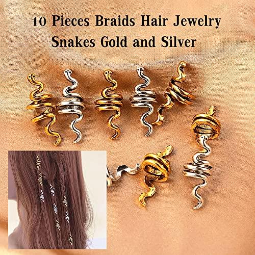 Glamer 150 Pieces Dreadlocks Loc Hair Jewelry for Women Braids Hair, Wood-Like Tube & Beads for Braiding Hair, Gold Hair Rings for Braids, Cute Hair Accessories Metal Snake