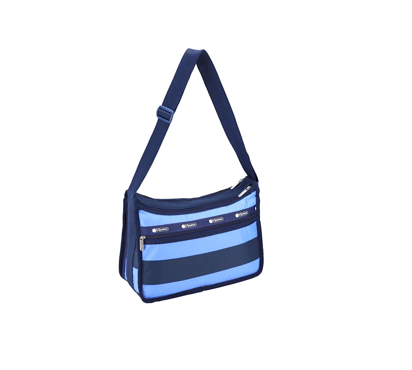 LeSportsac LeSportsac Classic Rugby Periwinkle Deluxe Everyday Crossbody Bag + Cosmetic Bag, Style 7507/Color E758, Timeless Navy Blue & Modern Periwinkle Stripes Unite, Bold Modern Nautical Inspired Theme