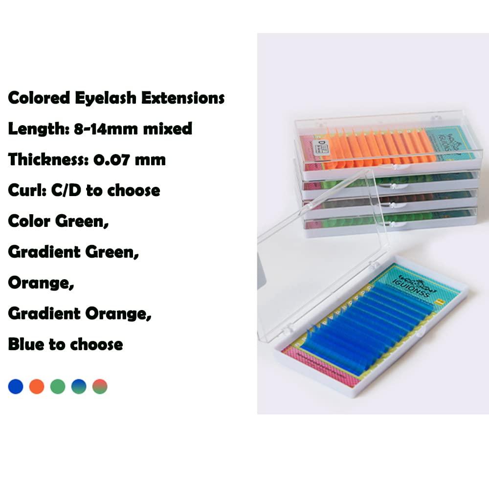 NinthAvenue Basics Colored Lash Extensions UV Neon Lash, 8-14mm Mixed, Green, Orange, Blue, Easy Fanning, C/D Curl, 0.07mm, Individual Colored Lashes (Curl D-0.07MM, Gradient Green)