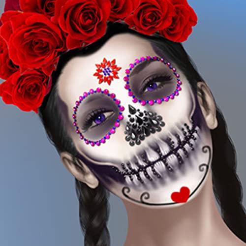 Jacnkb Skull Face Gems Jewels Rhinestone, Halloween Temporary Face Tattoos, Day of the Dead Face Tattoo Stickers, Crystal Body Gems Stick on Face for Festival Rave Party Cosplay 2Pcs