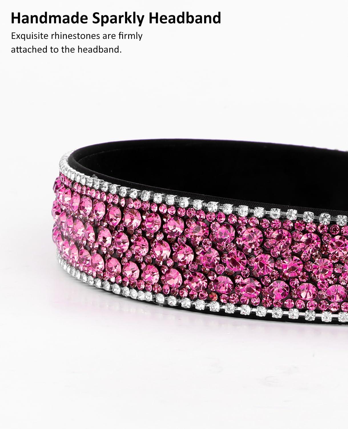 Wecoe Wecoe Hot Pink Rhinestone Headband - Bling Sparkly Crystal Diamond Thin Hair Band for Women, Girls, Holiday, Birthday Gift