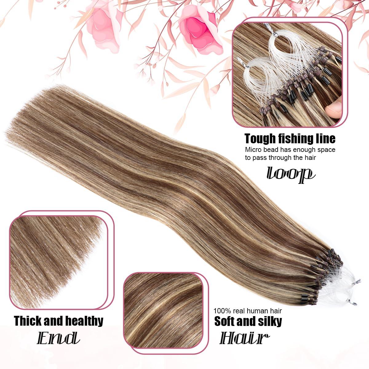 Kpvxxve Kpvxxve Microlink Extensions Human Hair 20 Inch Micro Loop Hair Extensions Long Straight Hair Brown with Bleach Blonde Highlight #4/613 Hair Extensions Real Human Hair 50g 1g/s
