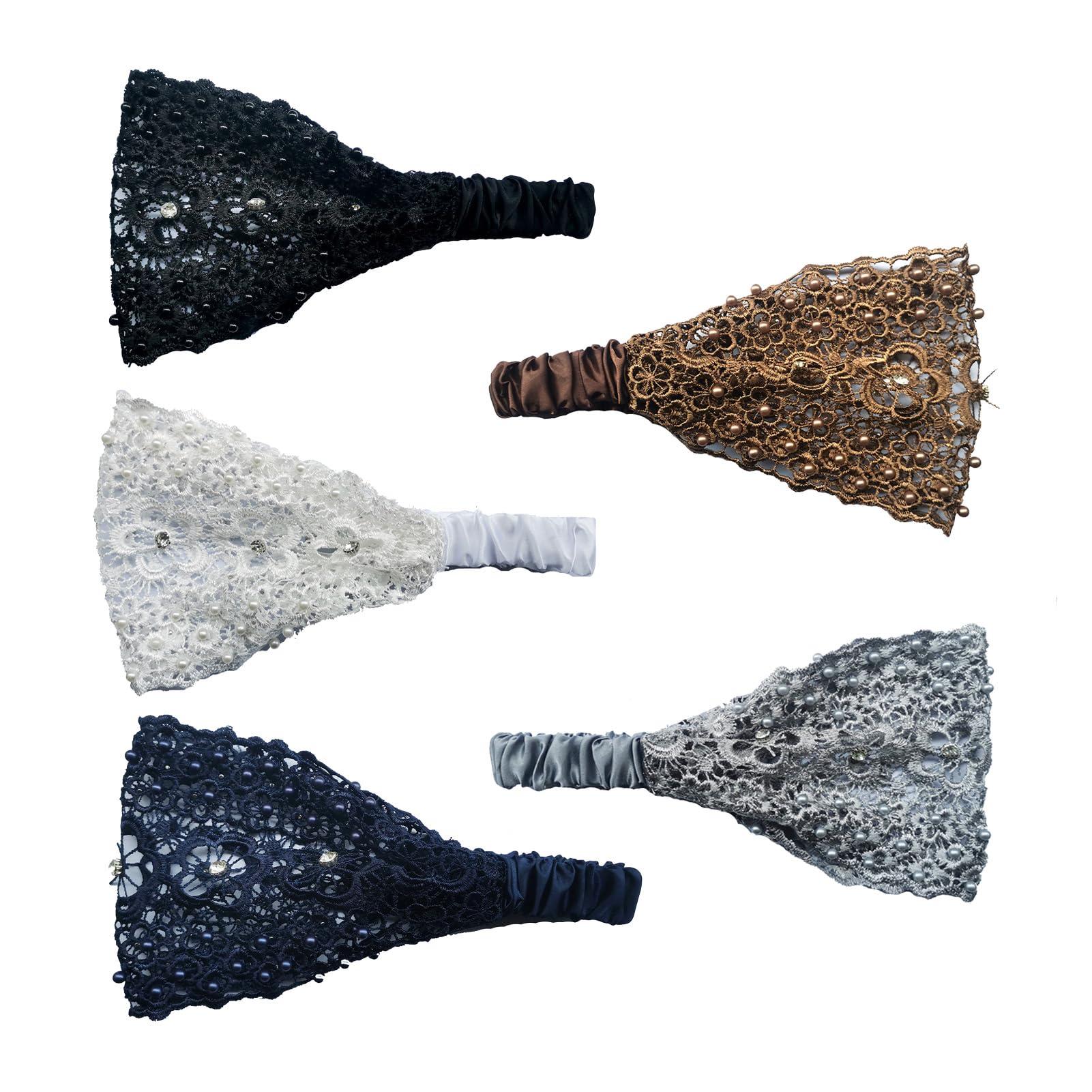 Fabater 5Pcs Elastic Lace Headbands, Fashion Floral Mesh Headband with Pearl Trim for Women for Daily Makeup Chore