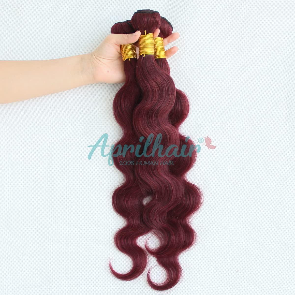 Aprilhair Aprilhair 8A Machine Double Weft Raw Brazilian Virgin Human Hair Extensions Wine Red #99J Body Wave 3 Bundles (14'' 16'' 18'', 99J bundles)