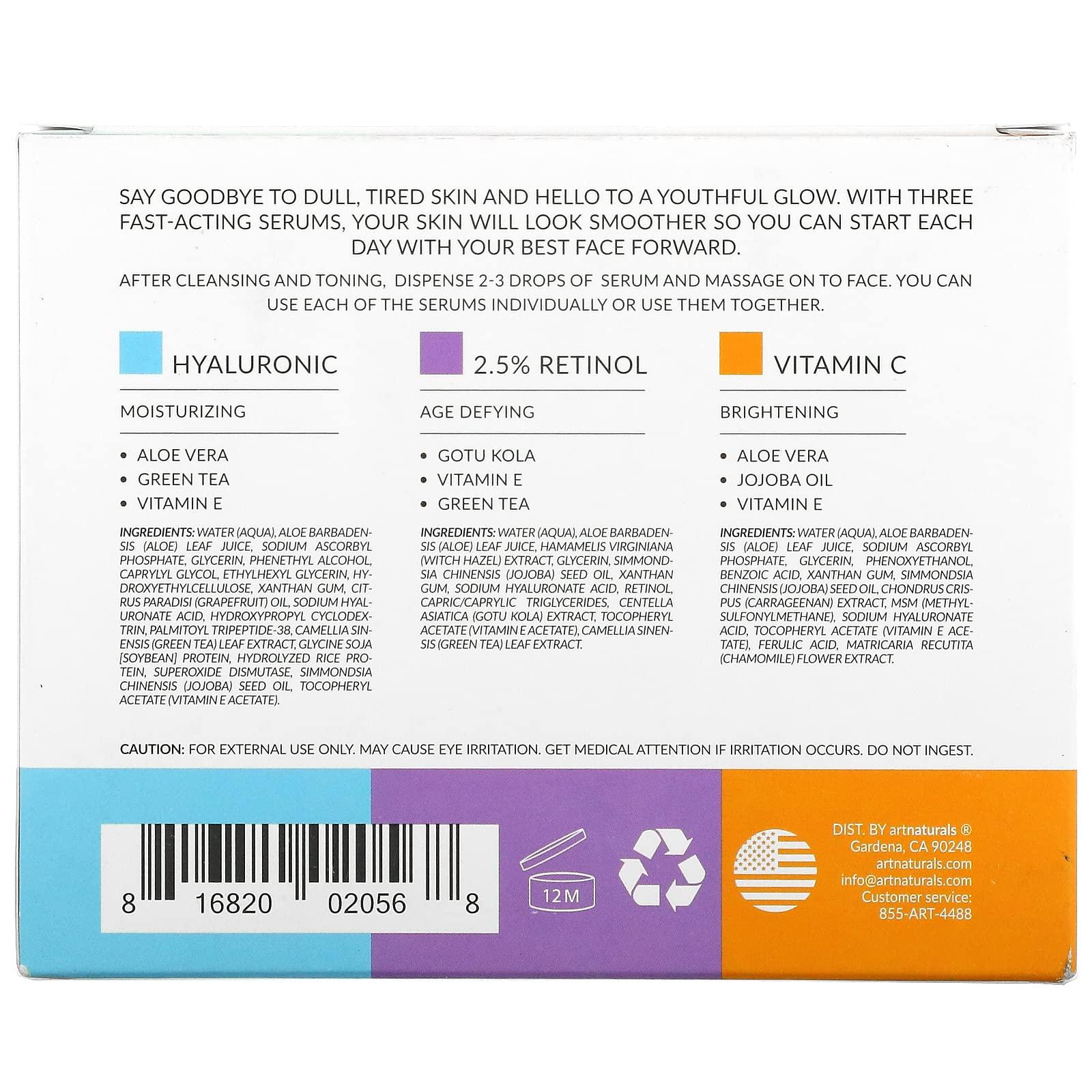Artnaturals artnaturals Anti-Aging-Set with Vitamin-C Retinol and Hyaluronic-Acid - (3 x 1 Fl Oz / 30ml) Serum for Anti Wrinkle and Dark Circle Remover All Natural and Moisturizing,1 Fl Oz (Pack of 3)