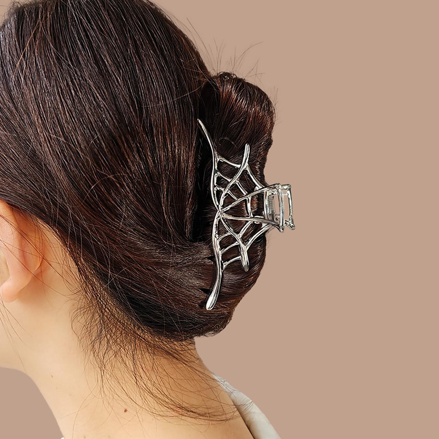 Dulyork Halloween Hair Claw Clip Halloween Spider Web Hair Clips For Women Silvery Metal Claw Clips With Spider Web Shape Designs Halloween Non-Slip Jaw Claw Clips For Women Halloween Hair Accessories