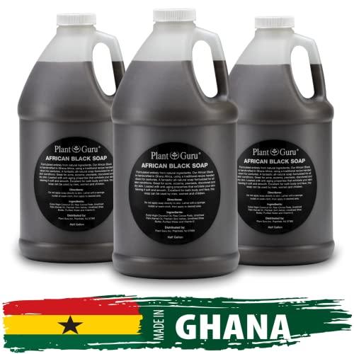 Plant Guru African Black Soap Liquid Half Gallon - 100% Raw Pure Natural From Ghana, Acne Treatment, Aids Against Eczema & Psoriasis, Dry Skin, Scar and Dark spot Removal, Pimples and Blackhead, Face & Body Wash