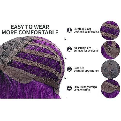 BERON BERON 14 Inches Purple Wig for Women Girls Short Curly Wig Dark Purple Wig Synthetic Wig Purple Wig with Bangs Wig Cap Include