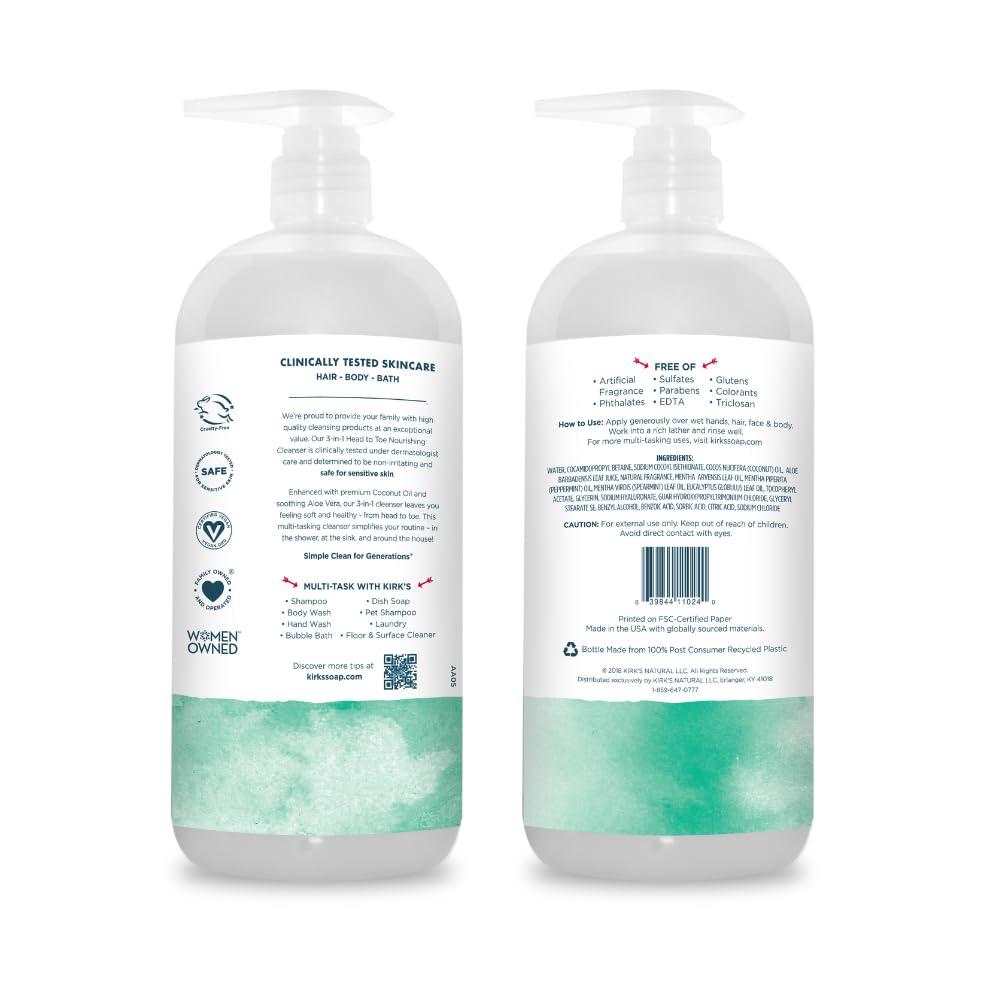 Kirk's Kirk\'s 3-in-1 Head to Toe Nourishing Liquid Cleanser & Travel Size Bar Soap - for Men, Women & Children - Premium Coconut Oil & Aloe Vera- Non GMO & Vegan -Mint & Eucalyptus - 32 Fl Oz