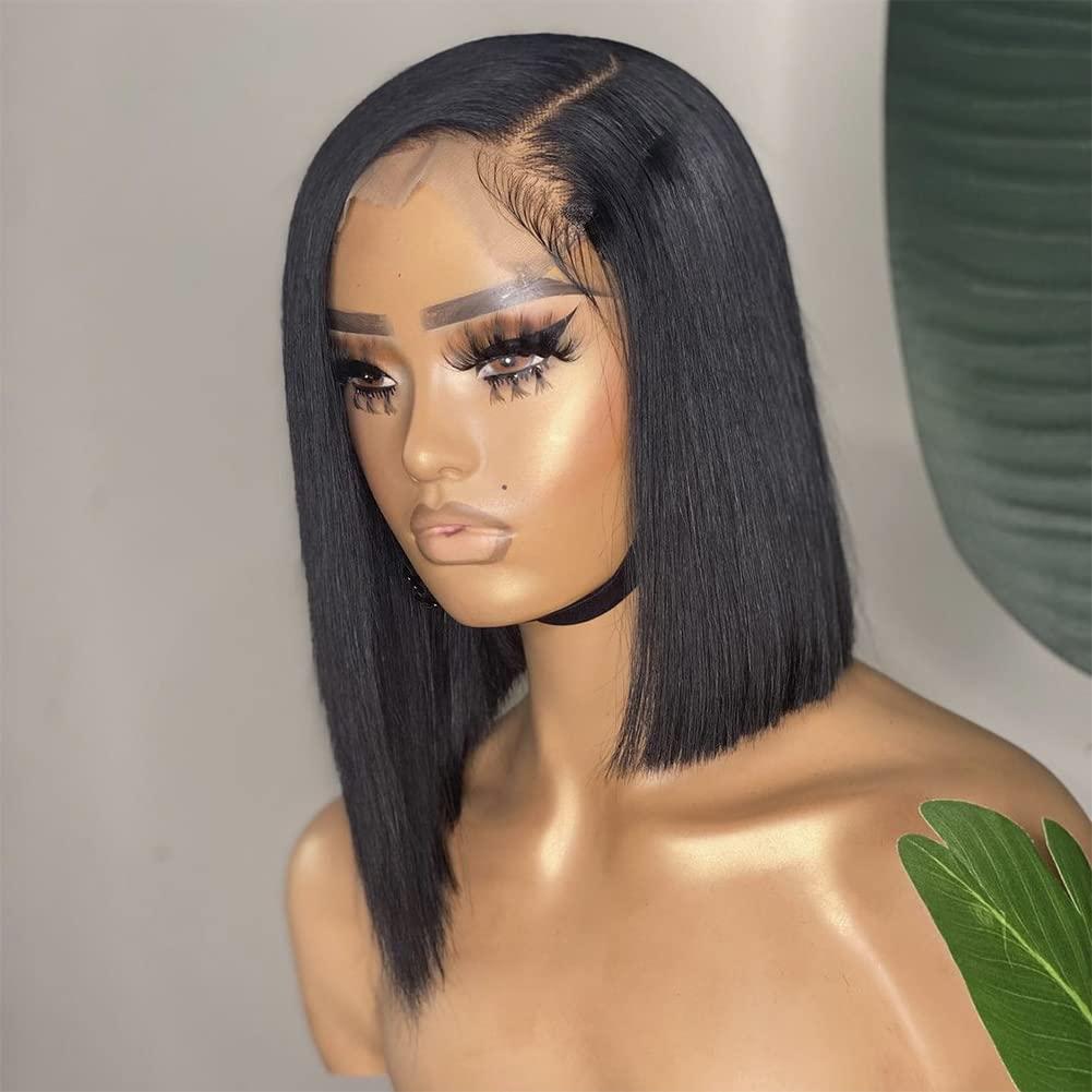 Anlimer Anlimer Asymmetrical Side Part Blunt Cut 13x4 Lace Front Wig Human Hair Bob Wigs Glueless Pre Plucked With Baby Hair Lace Closure Bob Remy Hair Wig for Black Women Silk Base Lace Frontal Wig Natural Color (10, 4x4 Silk Base Lace Wig 180 Density)