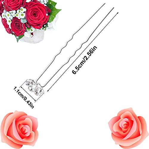 Songqee 40 Pieces Wedding Flower Hair Pins Rhinestone Hair Clips Prom Hair Accessories U Shape Barrette with a Storage Box for Bridal Wedding Women Hair Jewelry