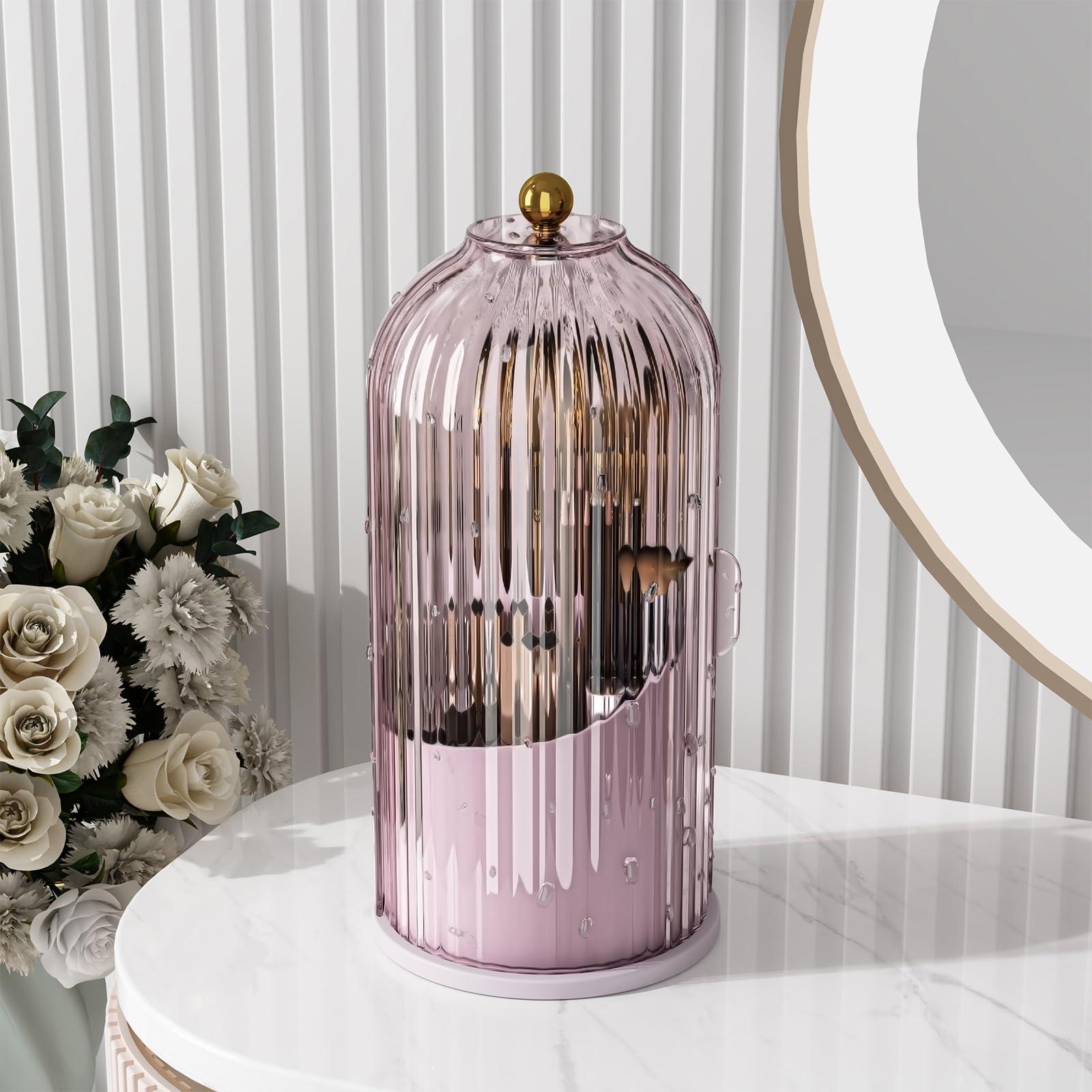 GAXmi GAXmi Makeup Brush Holder with Lid Cosmetic Tools Organizer 360 Rotating Waterproof Dustproof Makeup Brushes Storage for Vanity, Pink-Purple