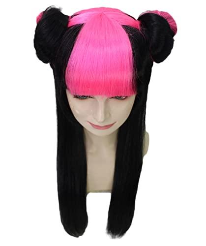 HPO HPO Adult Women's Pinned Up Double Bun China Doll Rapper Wig - Electric Pink and Black Hair - Capless Cap Design