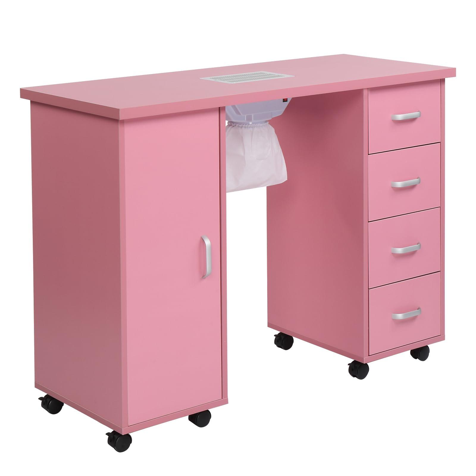 Vasitelan Vasitelan Manicure Nail Table Station, Salon Spa Nail Desk with Electric Downdraft Vent, Locking Castors, Storage Cabinet, 4 Removable Drawers (Pink)