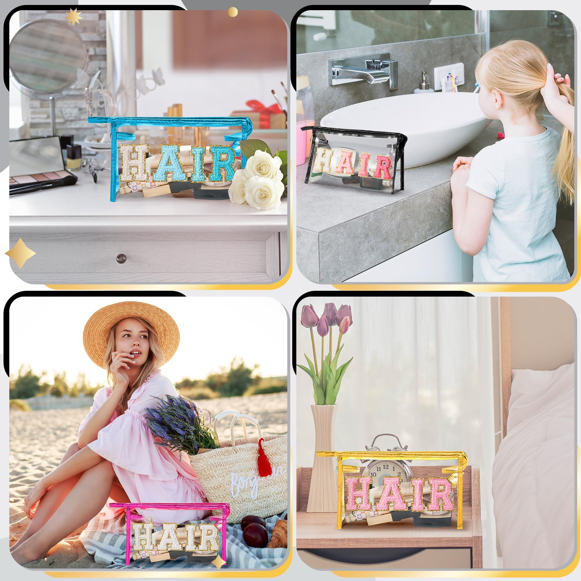 Y1tvei Y1tvei Clear HAIR Makeup Bag - Preppy Patch White Chenille Varsity Letter Cosmetic Bag Transparent PVC Zipper Waterproof Portable Beach Travel Storage Pouch Toiletry Organizer for Women(Rose Red)