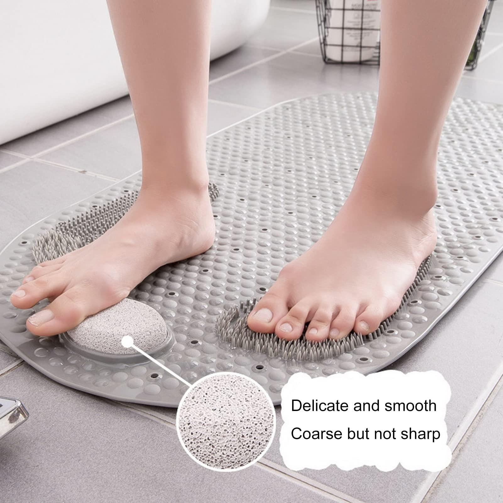 PERZOE PERZOE Foot Scrubber Shower Mat with Pumice Feet Scrub Stone, 32\"X16\" Oval Bathtub Mat with Antislip Suction Cups and Drain Holes for Feet Massage & Exfoliating Grey