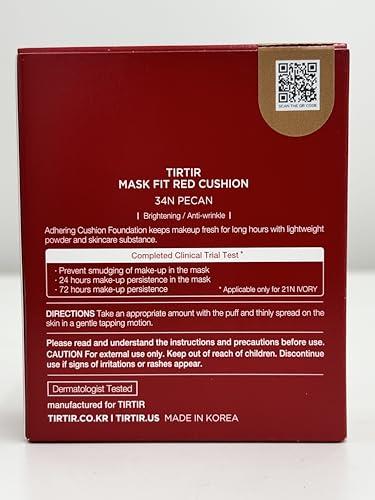 TIRTIR TIRTIR Mask Fit Red Cushion Foundation | Full coverage, Weighless, Skin fit, Satin Glow Finish, Korean cushion foundation (#34N Pecan, 0.63 Fl Oz (Pack of 1))