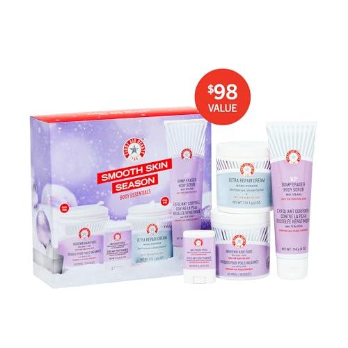 First Aid Beauty First Aid Beauty - Smooth Skin Season: KP Bump Eraser Body Scrub, 4oz, Ultra Repair Cream, 6oz, Anti-Chafe Stick, 0.35oz, Ingrown Hair Pads, 60 Pads, Deep Hydration & Exfoliating Body Essentials, 4ct