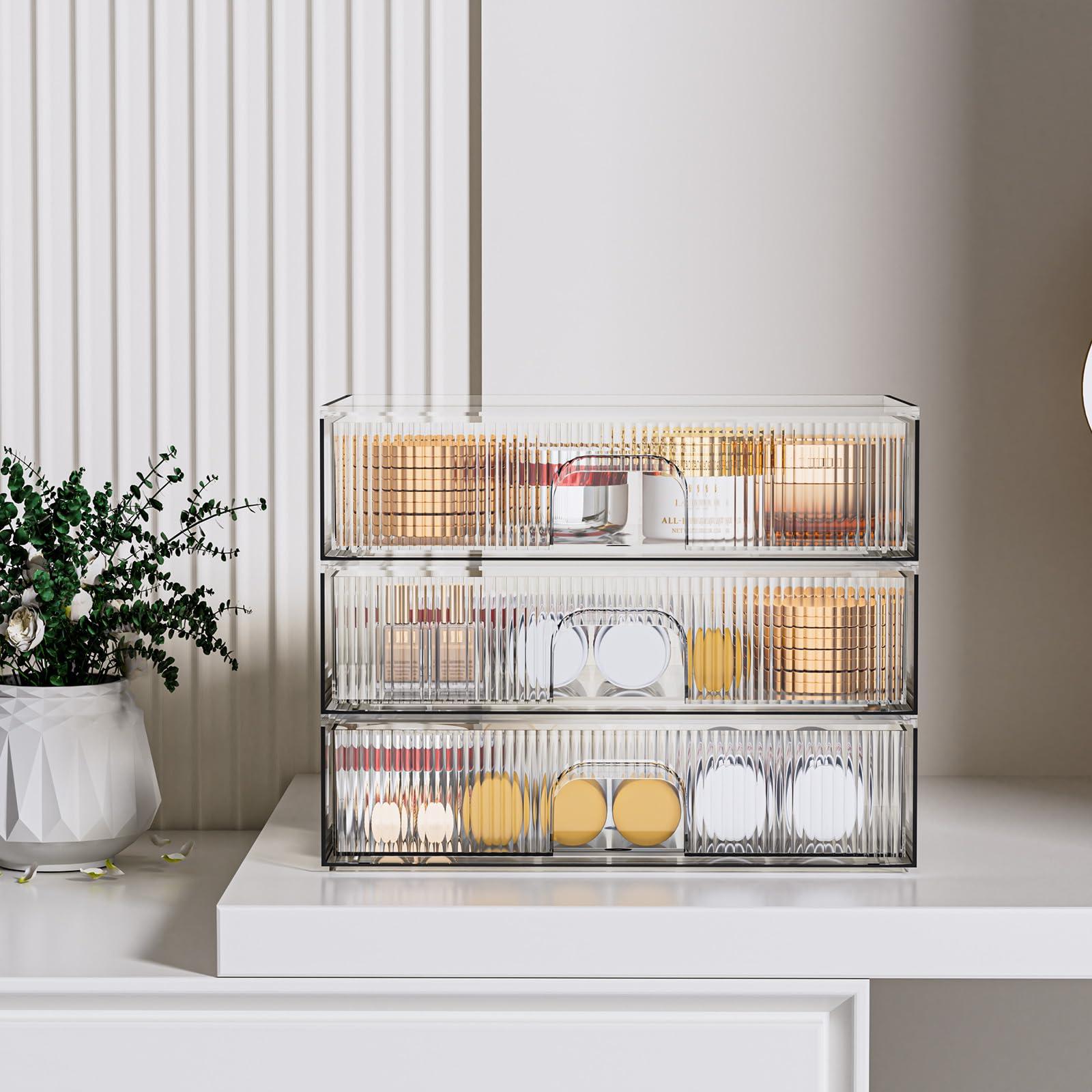FBOTML FBOTML Clear Stackable Storage Drawers, Acrylic Drawers Makeup Organizer For Vanity, Cosmetics, Bathroom, Desk Organization Storage Drawers3 Pack