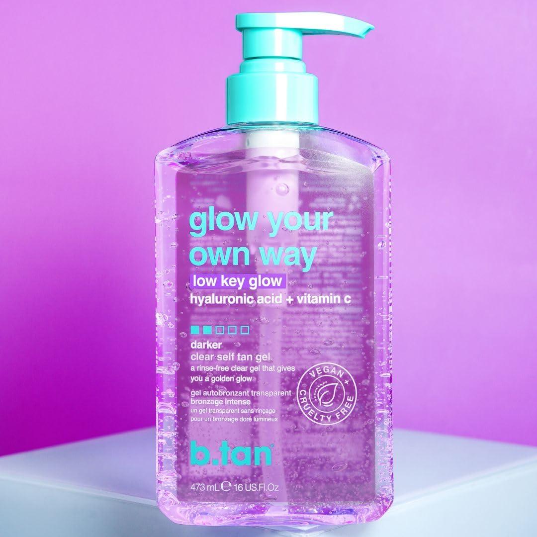 B.TAN b.tan Dark Clear Self Tan Gel | Glow Your Own way, Low Key Glow - Transfer-Resistant Sunless Tanning Gel, Gradual Darker Bronze, Packed with Hyaluronic acid & Vitamin C, 16 Fl Oz