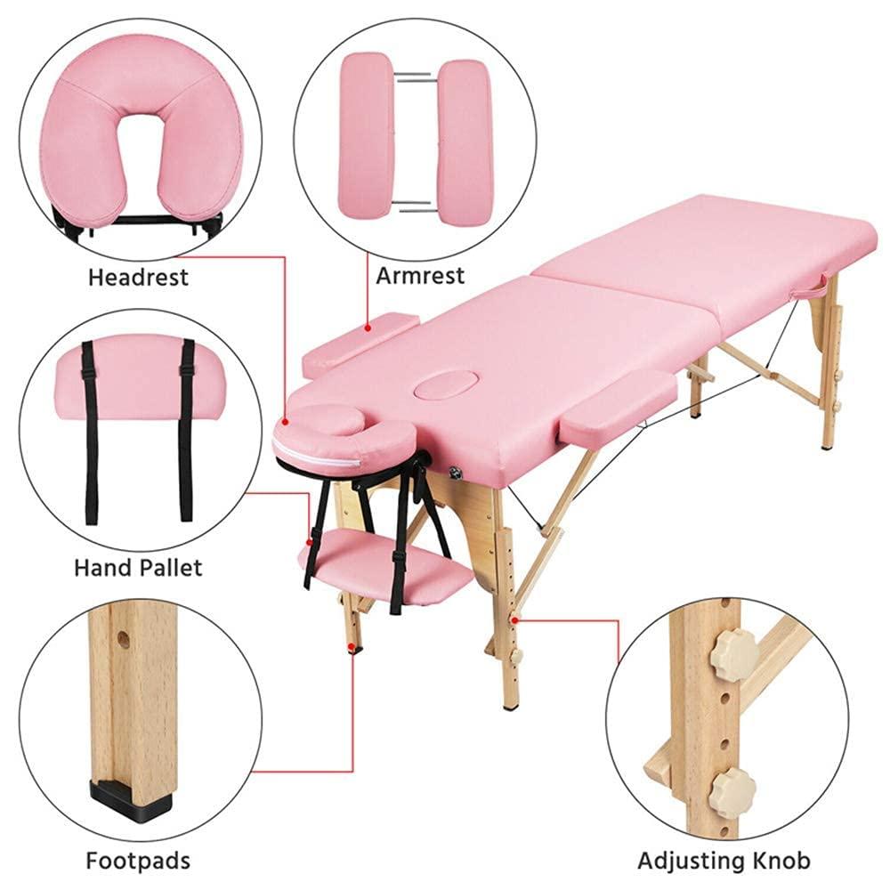 NinthAvenue Basics NinthAvenue Basics Portable Massage Table, Massage Spa Bed, Massage Therapy Table with Beech Stands, 84 inch Adjustable 2 Fold Salon Bed with PVC Leather, Face Cradle Bed, Pink (2-Fold)