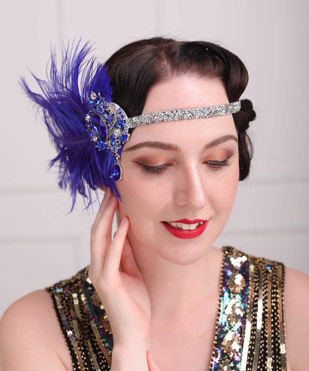 Aimimier Aimimier 1920s Flapper Feather Headband Royal Blue Sapphire Headpiece with Sparkling Crystal Head Chain Masquerade Hair Accessories for Women