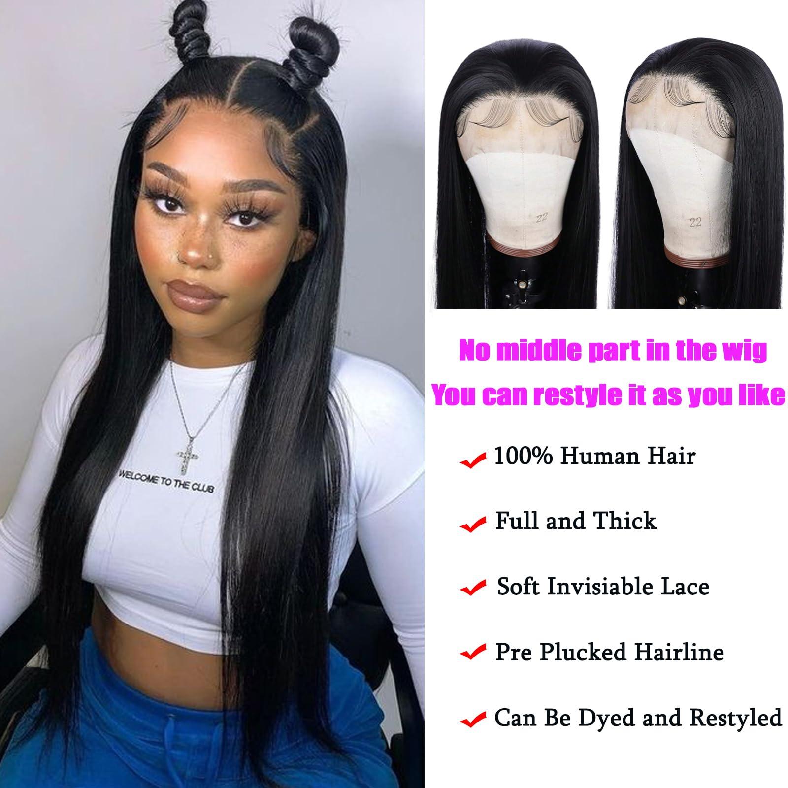AYMMOLI 26 Inch Straight Lace Front Wigs Human Hair Pre Plucked 180% Density Glueless Wigs Human Hair 13x4 HD Transparent Human Hair Lace Frontal Natural Hairline Brazilian Virgin Hair for Women Natural