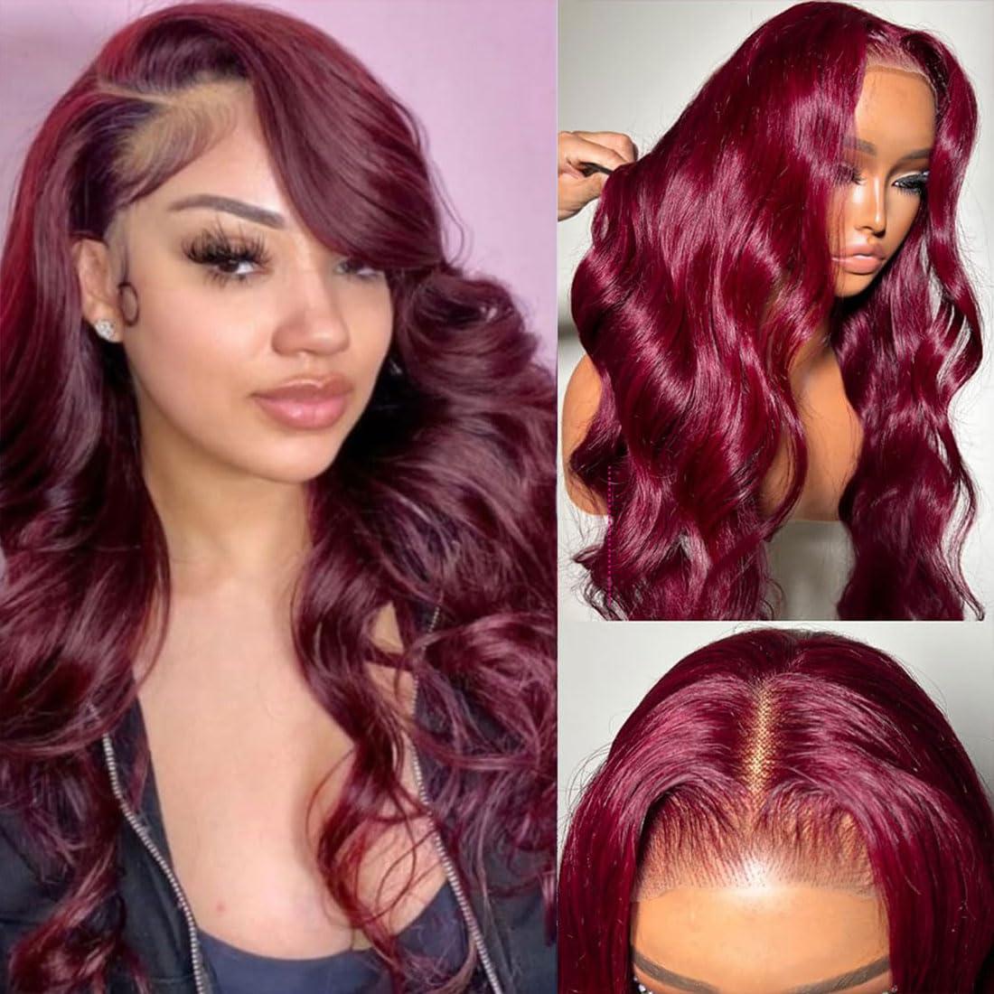 Ladyrite 99J Burgundy Lace Closure Wigs Human Hair Glueless Wigs Human Hair Pre Plucked Pre Cut 5X5 Lace Front Wig 99J Body Wave Lace Closure Wigs Pre Plucked With Baby Hair 180 Density for Women 16 Inch