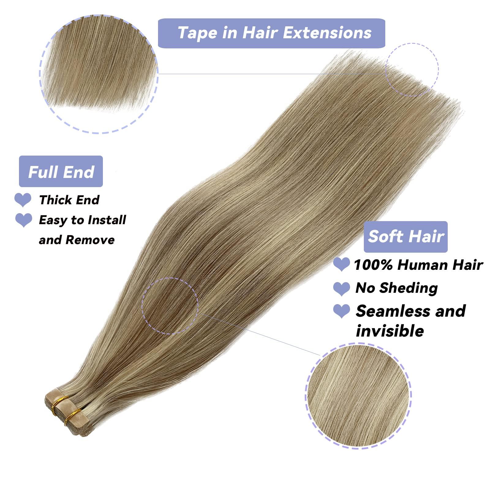 Smavida Balayage Blonde Tape in Invisible Hair Extension Human Hair,Highlight Tape in Hair Extensions Blonde Highlights with Ash Brown Fashion Color Remy Human Hair Extensions Tape in Straight Hair for Women