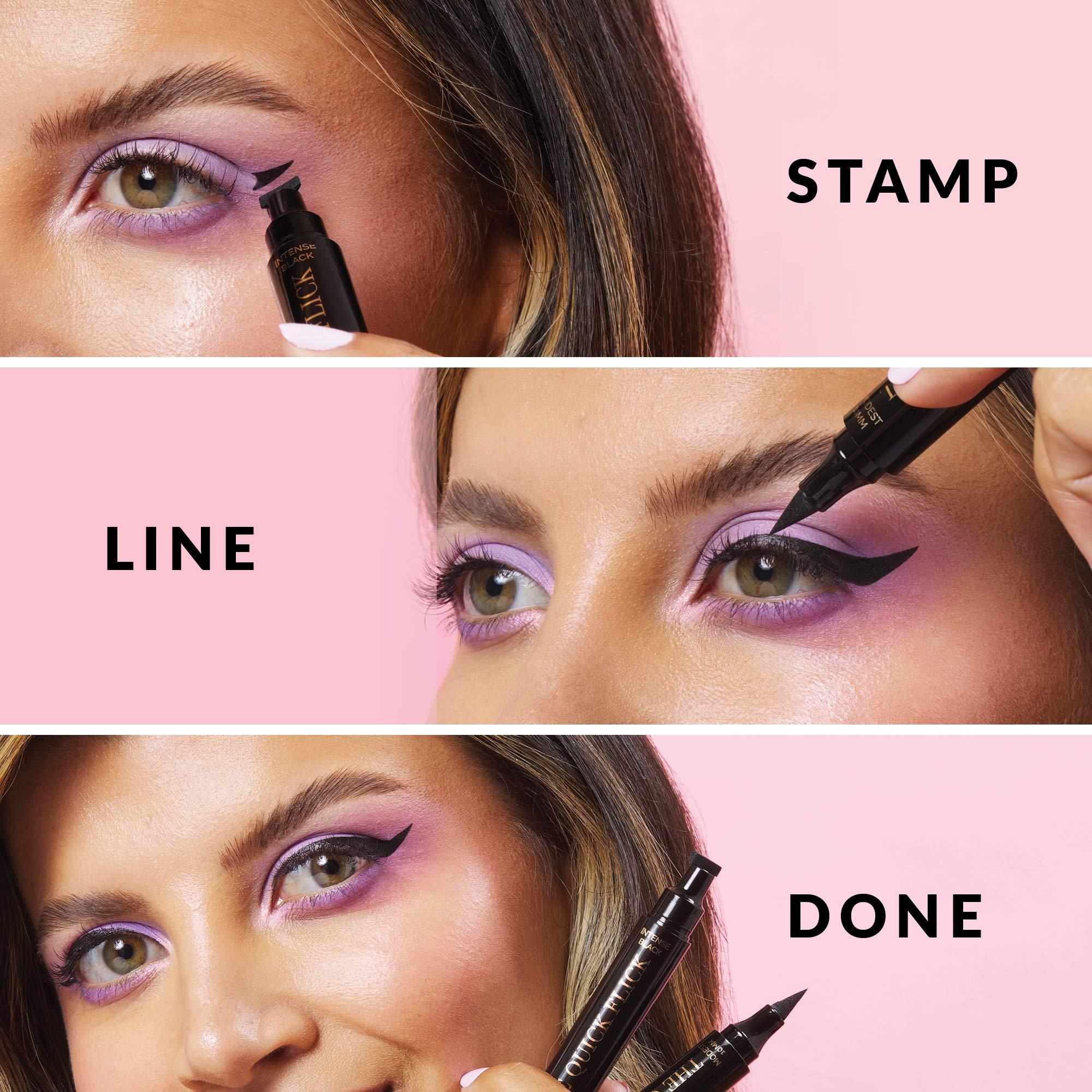 The Quick Flick The Quick Flick Winged Eyeliner Stamp Waterproof & Smudge Proof Vegan Cat Eye Stamp Eyeliner 4mm Thick Winged Stamp & 10mm To the Point Felt-Tip Hypoallergenic Eyeliner Pen (Intense Black-2 Pen)