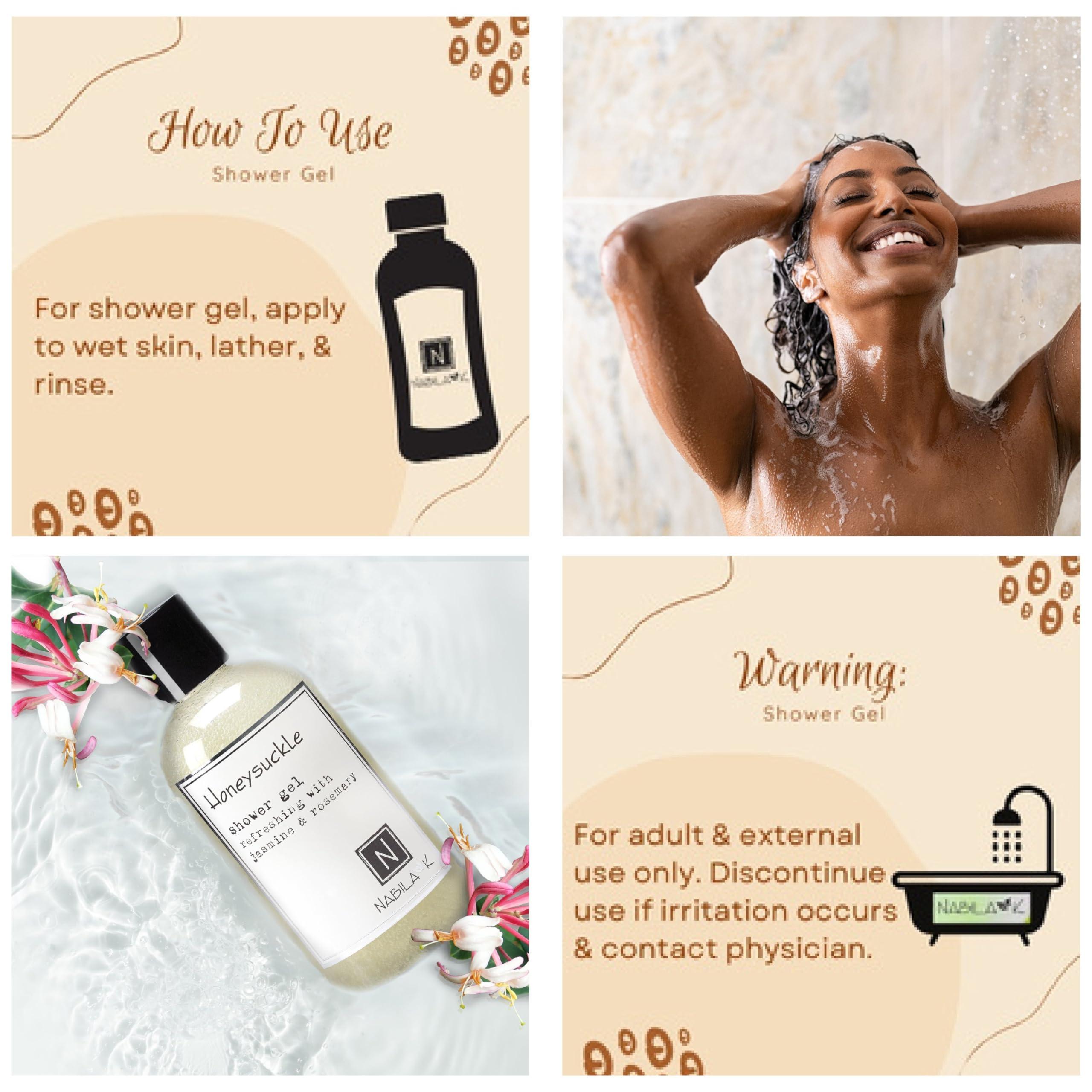 Nabila K Nabila K Honeysuckle Shower Gel, Travel Size Refreshing Body Wash with Jasmine & Rosemary, 2 oz - Naturally Derived, Sulfate-Free, Paraben-Free - Made in the USA