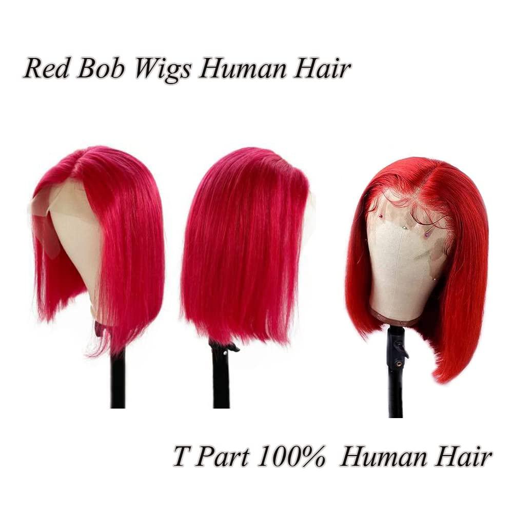 SUNFA Red Bob Lace Front Wigs Human Hair Pre-Plucked Short Cut Bob Wigs for Black Women Bleach Knots Middle Part with Baby Hair Glueness Natural Hairline 13X4X1 T Part Bob Lace Front Wigs 8Inch 180% Density
