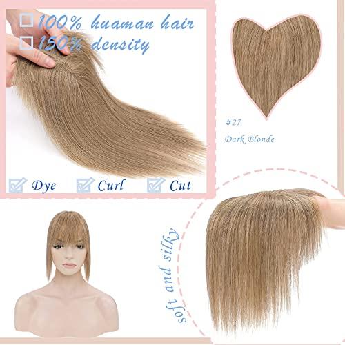 Benehair Benehair Clip in Hair Topper with Bangs Secret Topper Wiglet 100% Human Hair Clip in Top Hairpieces Fringe Bang Replacement Wiglet for Womem with Thinning Hair #27 Dark Blonde 10inch 33g