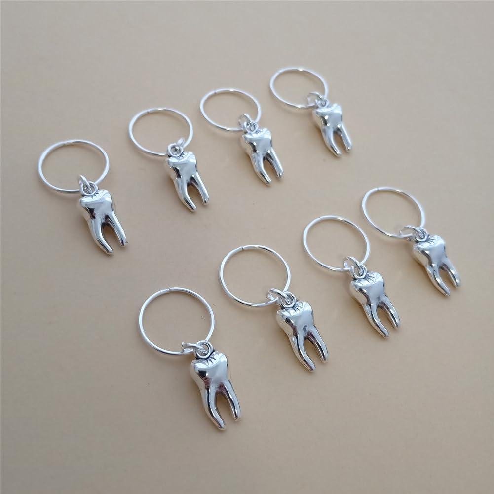 Generic Generic 8pcs Tooth Charm Hair Jewelry for Men Women Braids, Mini 3D Human Teeth Charm Pendant Dreadlocks Decorations Rings Clip, Gothic Punk Braids Hair Accessories, Antique silver