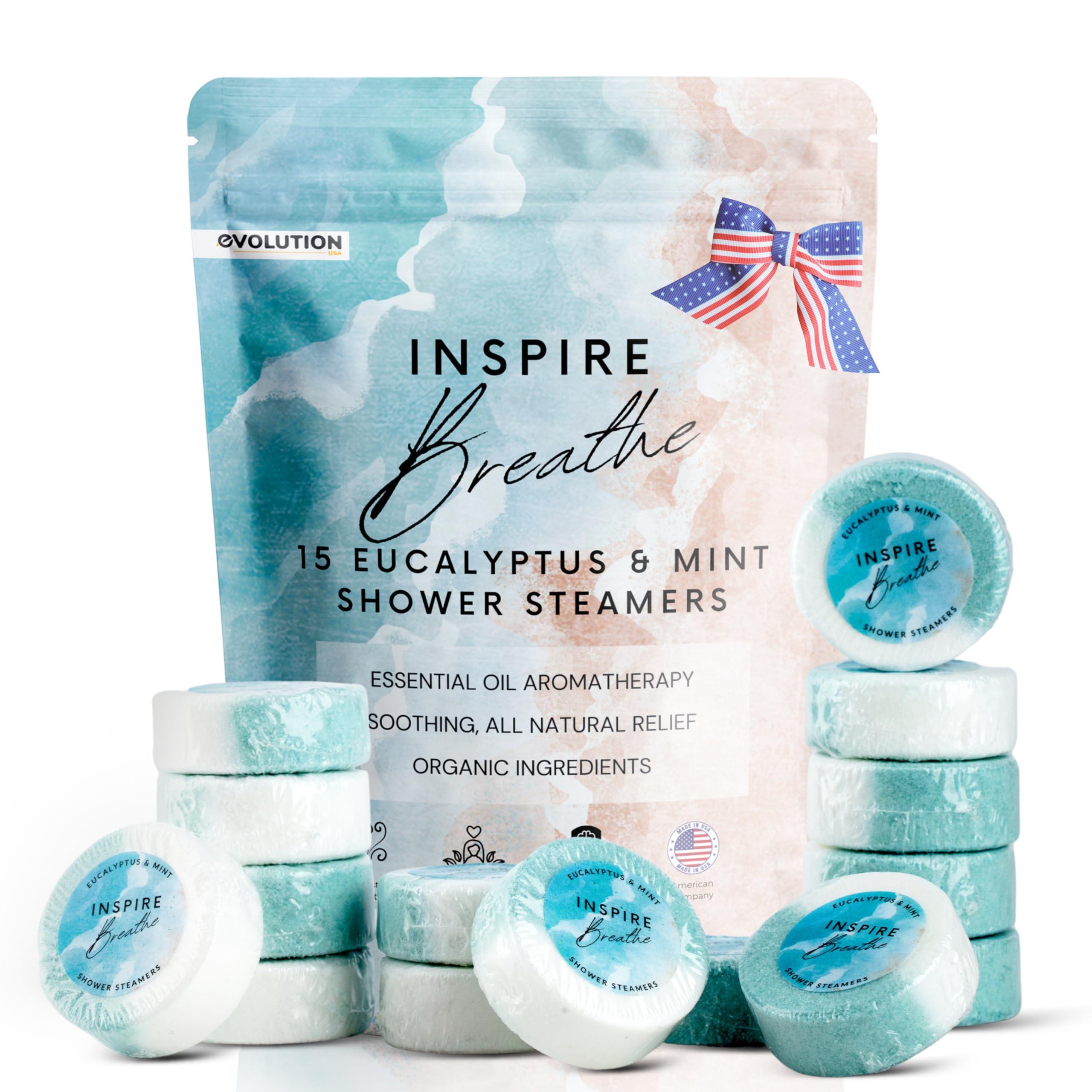 EvolutionUSA EvolutionUSA Inspire Breathe Shower Steamers Aromatherapy, 15 Mint & Eucalyptus Shower Steamers for Women, Vapor Shower Tablets