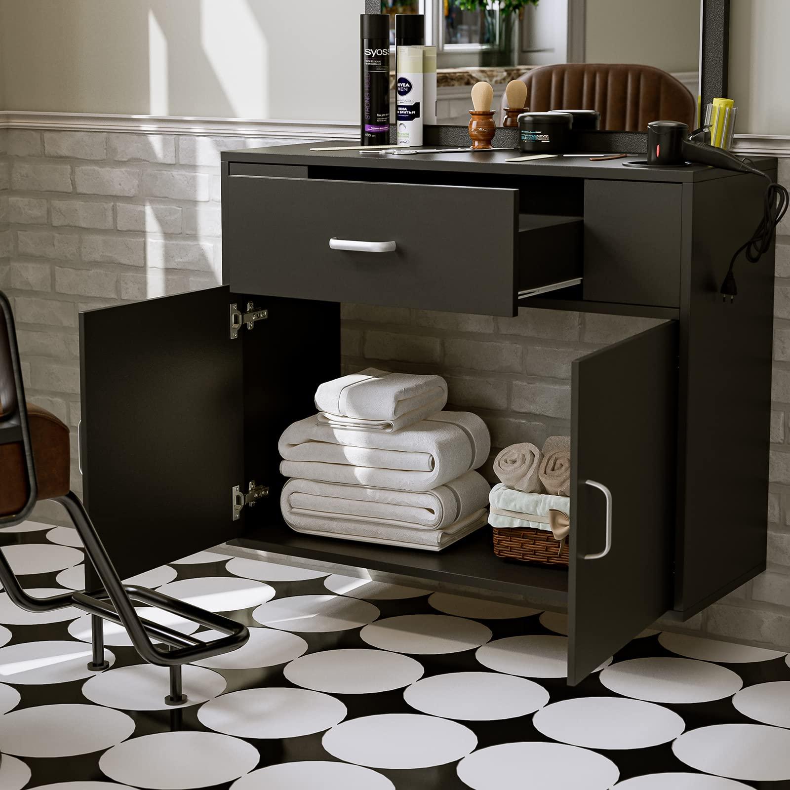 Belandi Belandi Wall Mount Salon Station Barber Stations Styling Station with Mirror Drawer Storage Cabinet Spa Salon Equipment(Black)