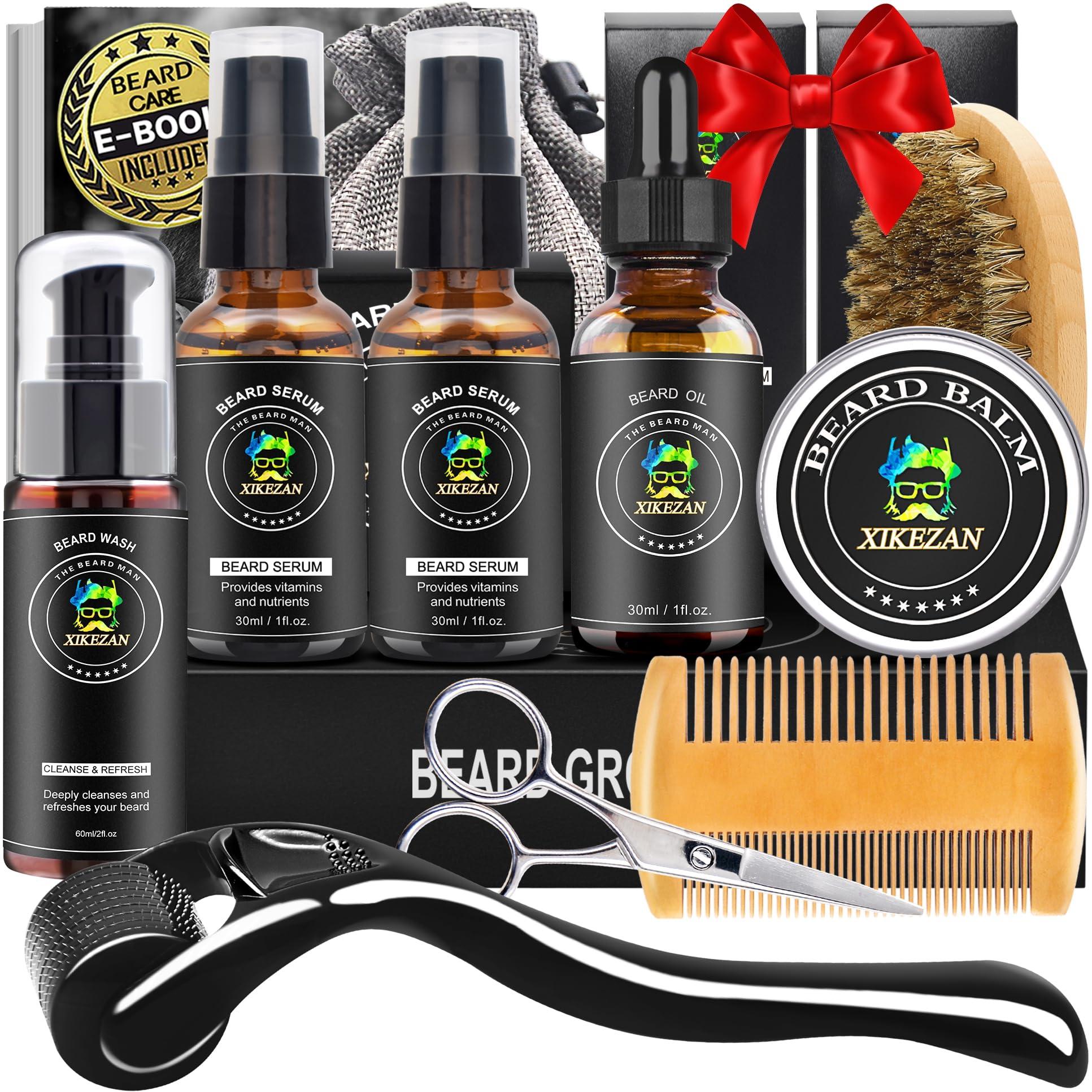 XIKEZAN Beard Kit,Beard Grooming Kit w/Beard Wash,2 Pack Beard Serum,Beard Oil,Beard Balm,Comb,Brush,Scissor,Bag,EBook,Beard Care Birthday Gifts for Men Him Dad Husband Brother