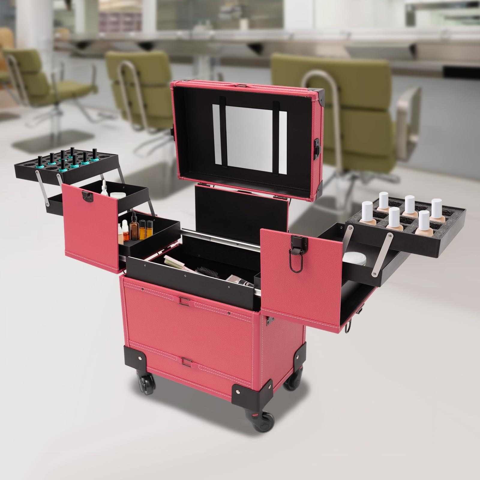 NOLANTISI NOLANTISI Makeup Rolling Train Case with Hairdryer Holder, Professional Cosmetic Case Hair Salon Trolley Stylist Beauty Station Travel Organizer Lockable Box with Hair Roller Holder (Rose)