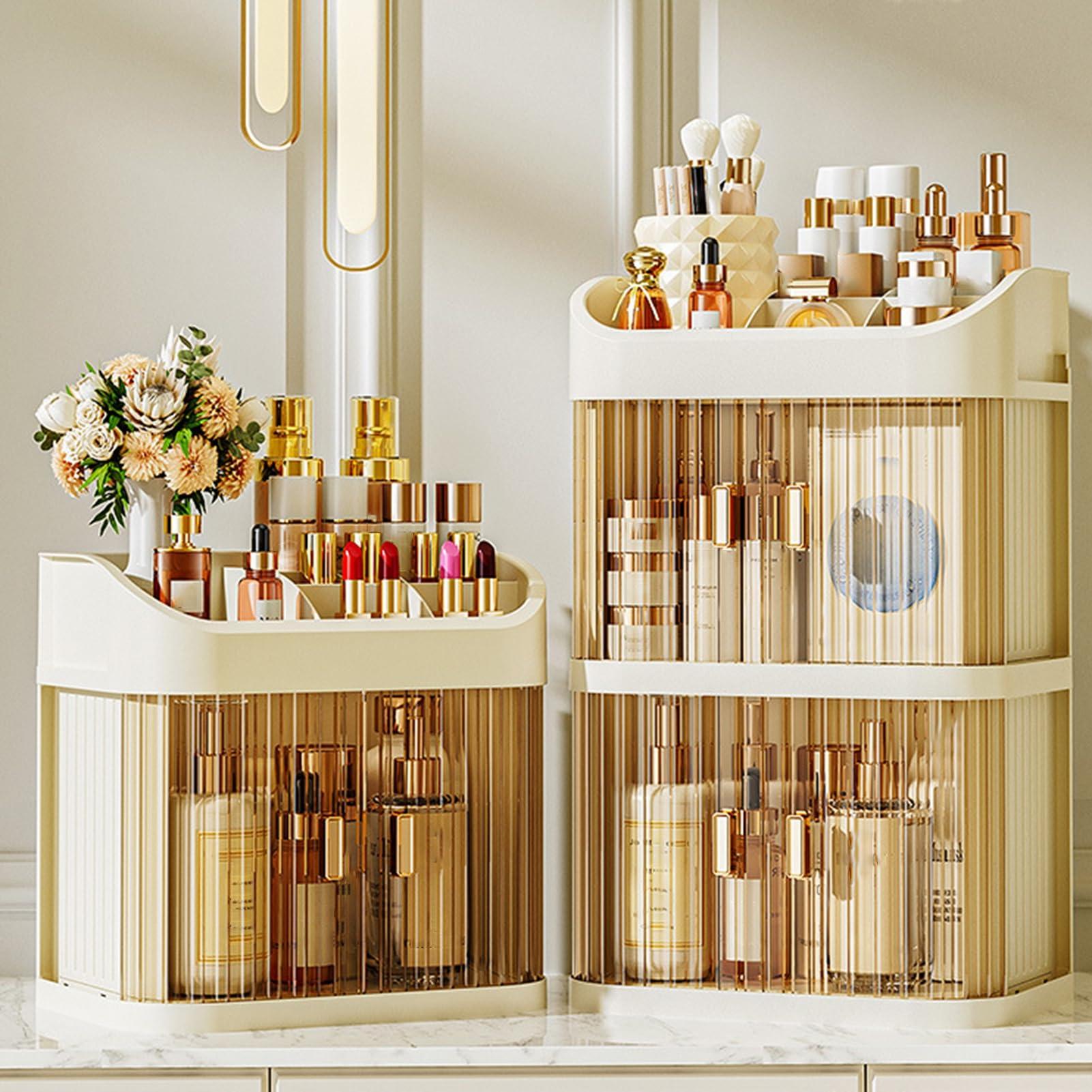 Generic Generic Makeup Storage Box Large Capacity with Transparent Door Multi Compartments Bedroom Desktop Cosmetic Organizer Cosmetics Display Case Beige Dual Layer