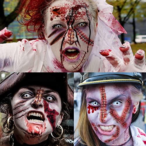 JOEHAPY JOEHAPY 435+ PCS 50 Sheets Halloween Fake Scar Tattoos Sticker, 3D Chucky Stitches Tattoo For Women Men Adult Kids Boys Girls, Fake Blood Wound Cut Zombie Tattoos Halloween Face Makeup Kit Set Decals