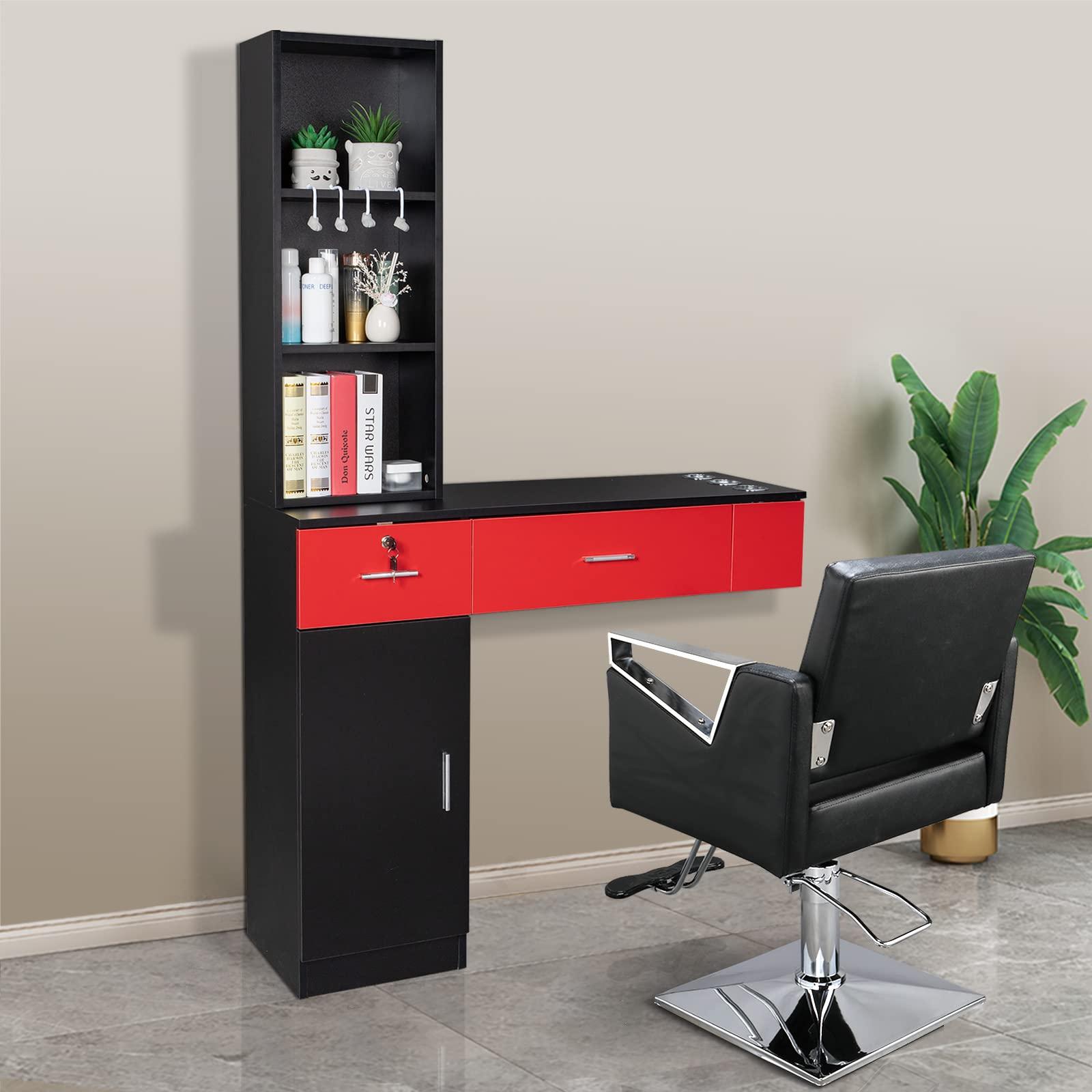 OmySalon OmySalon Wall Mount Barber Stations, Salon Stations for Hair Stylist, Hair Styling Equipement Set with a Storage Cabinet, 2 Drawers and a 3 Tier Shelf (Black&Red)