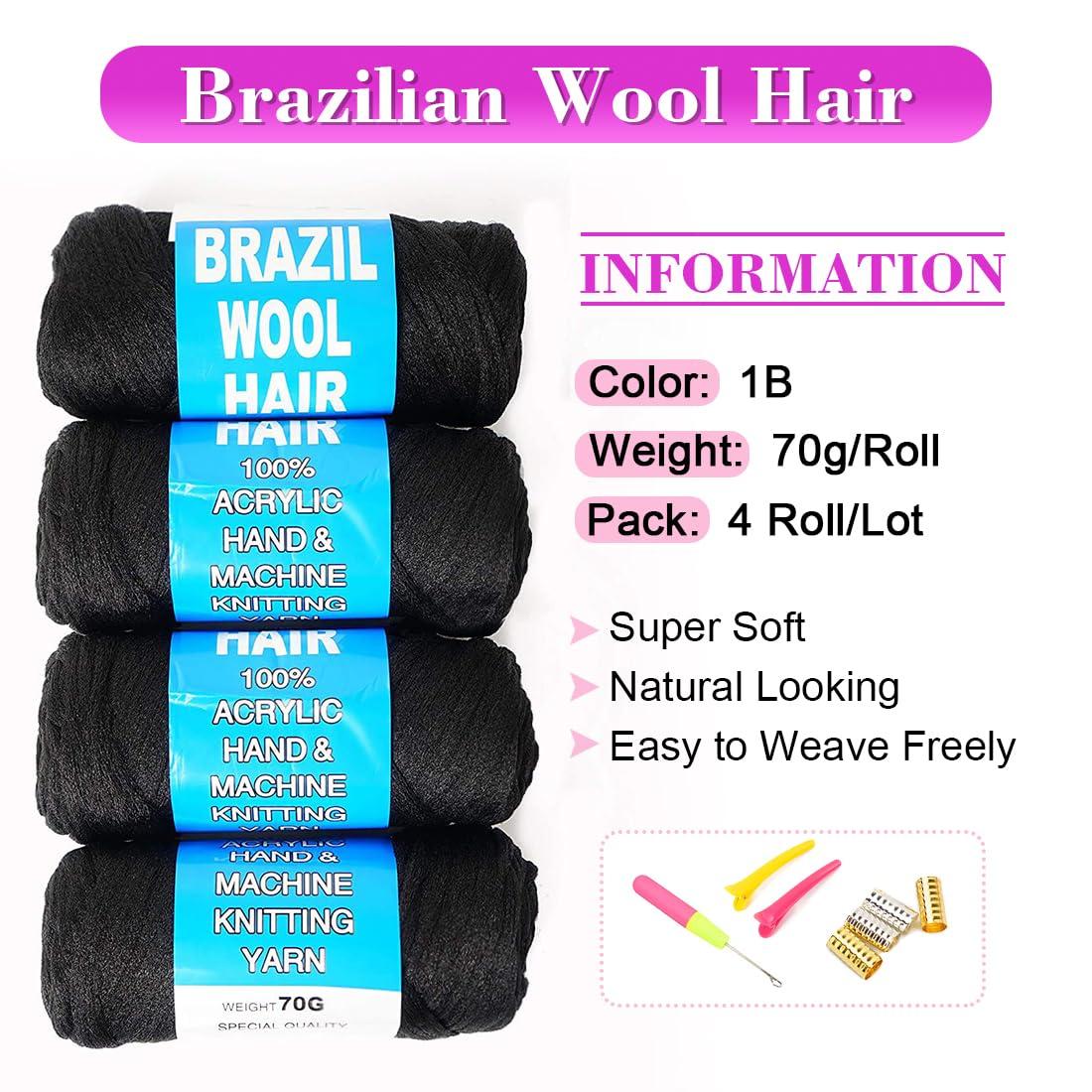 Youngther 100% Brazilian Wool Hair Acrylic Yarn for African Braids/Senegalese Twist/Faux Locs/Wraps with Crochet Hook(4 Roll, Natural Black)