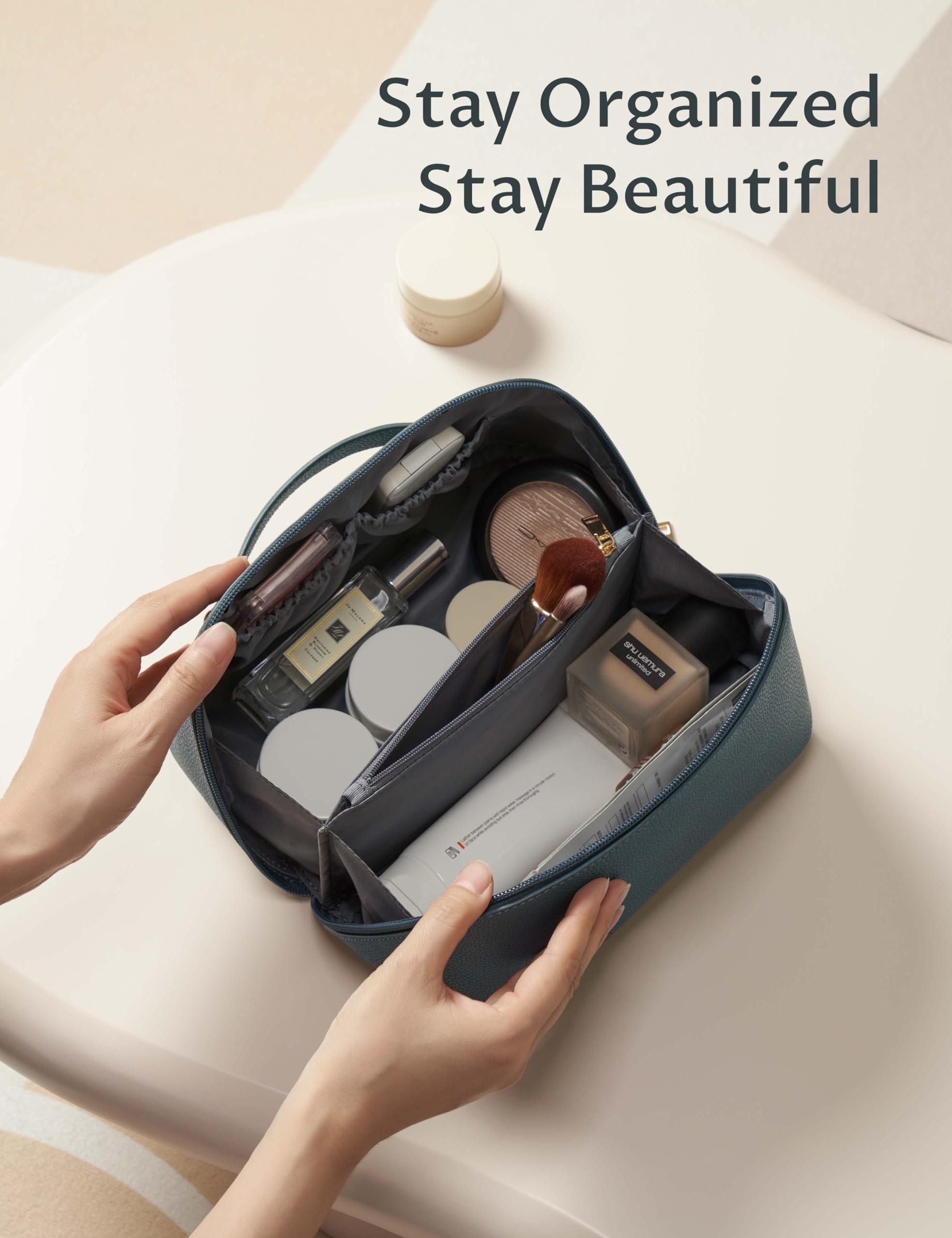 Yarnic Yarnic Green Travel Makeup Bag Pouch Cosmetic Bag, Large Capacity Toiletry Bag for Women, Portable Pouch Cute Make Up Organizer with Divider and Handle, PU Leather (Gray Green)