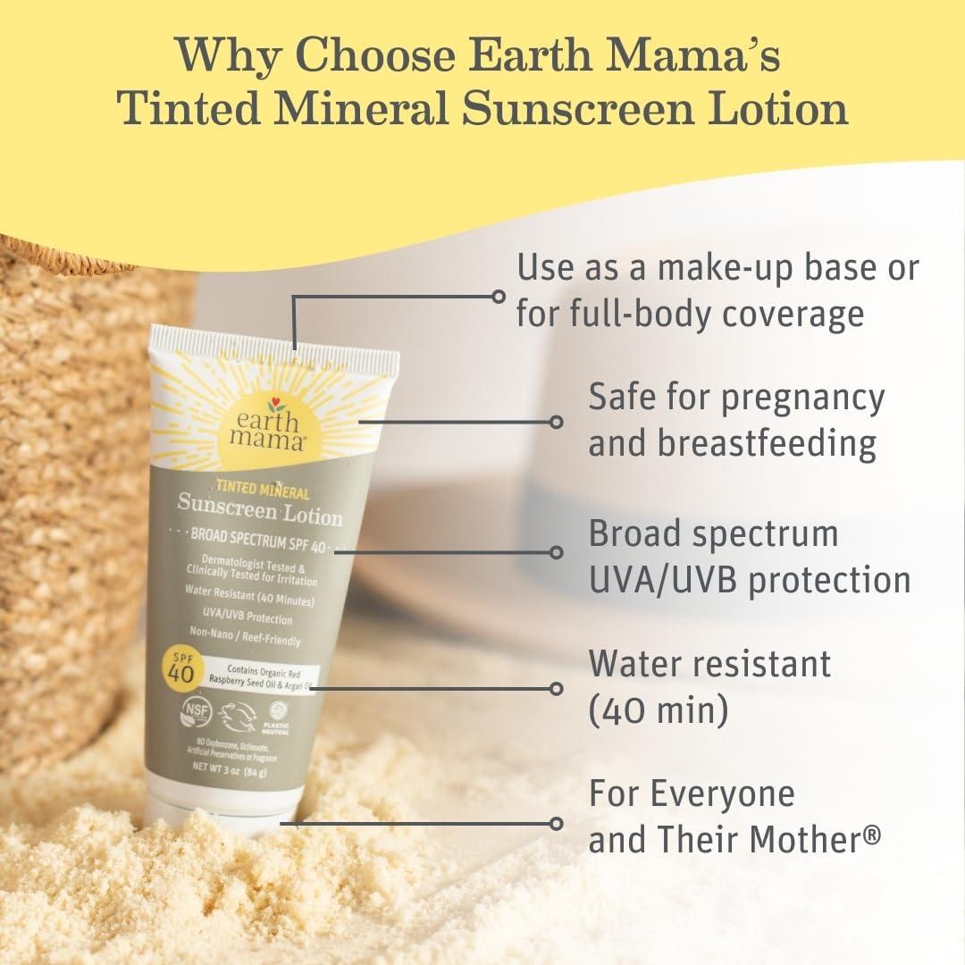 Earth Mama Earth Mama Tinted Mineral Sunscreen Lotion SPF 40, Contains Organic Argan and Red Raspberry Seed Oil, 3-Ounces, 2-Pack