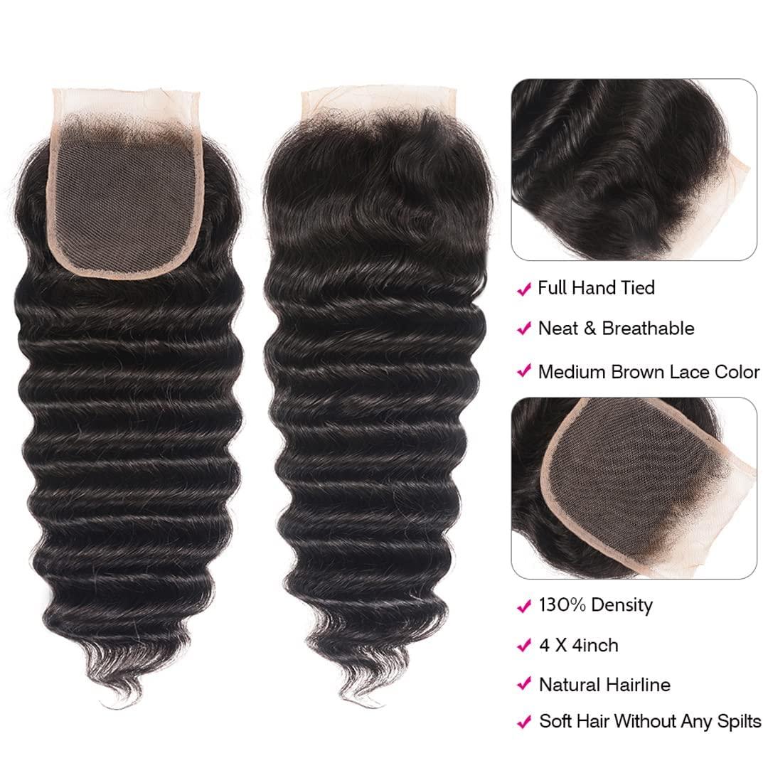 suerkeep Loose Deep Wave Human Hair Bundles and Closure Loose Wave Bundles With Lace Closure Big Deep Curly Wave Human Hair Bundles With Lace Closure Deep Loose Wave Bundles With Closure Loose Deep Wave With Closure 3 Bundles With 4X4 Lace Closure(16 18 20+14